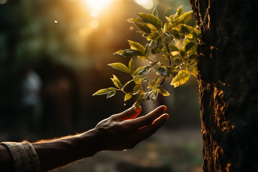 A man's hand touches a tree trunk close-up. Caring for the environment. Ecological concept of saving the world and loving nature.Generative AI