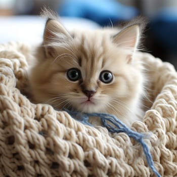 cute cat in a knitted basket.Generative AI