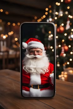 a black smartphone with Santa Claus on the screen stands on the table. Christmas background.copy space.Generative AI