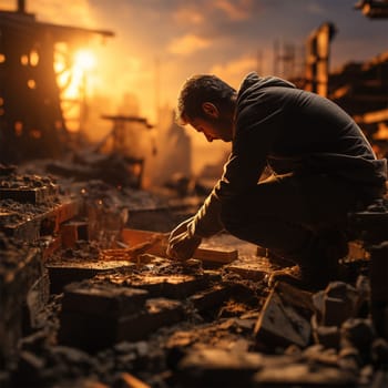 a man leaned over the fragments of a destroyed house at sunset.Generative AI