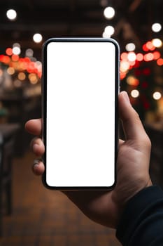 A hand holds a black smartphone with a blank screen on a Christmas background.copy space,mockup.Generative AI