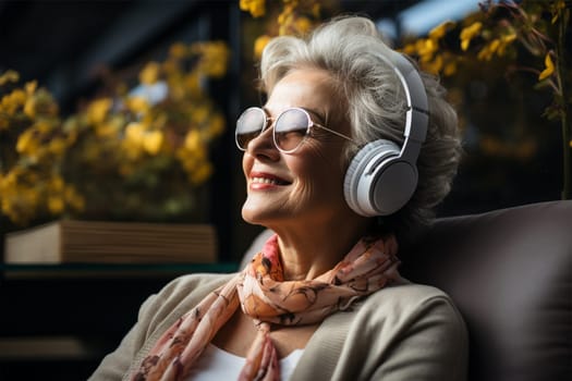 a beautiful and cheerful gray-haired woman in glasses, light clothes and headphones listens to music on the veranda or in the winter garden.Generative AI