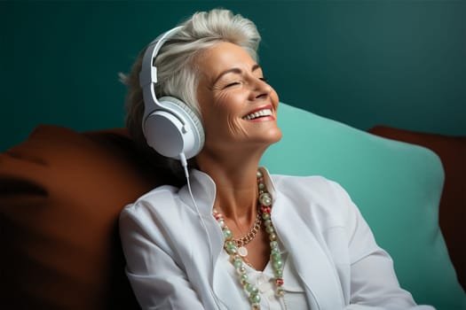 a beautiful and cheerful gray-haired woman in light clothes and headphones listens to music on the veranda or in the winter garden.Generative AI