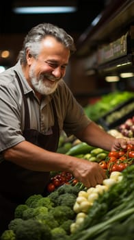 A vendor carefully places vegetables on a stand at a farmers market.Generative AI