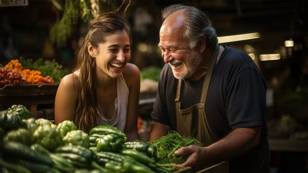 Farmer's market vendors laugh as they lay out vegetables on the counter.Generative AI