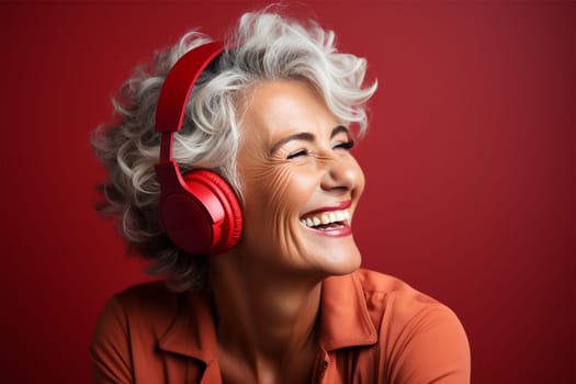 beautiful and cheerful gray-haired woman in bright clothes and red headphones, on a color background.Generative AI