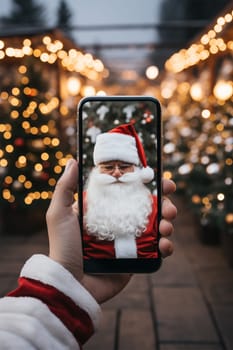 A hand holds a black smartphone with Santa Claus on the screen on a Christmas background.Generative AI