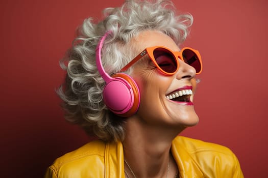 beautiful and cheerful gray-haired woman in glasses, bright clothes and pink headphones, on a color background.Generative AI