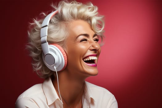 beautiful and cheerful gray-haired woman in white clothes and headphones, on a color background.Generative AI
