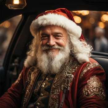 Santa Claus in a stylized retro car with embroidery and with ethnic elements on clothes.Generative AI