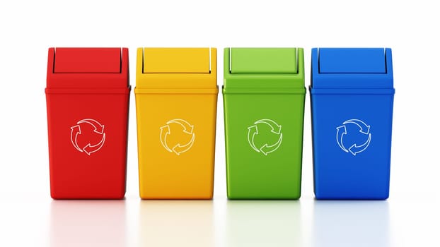 Plastic dustbins with recycle symbol isolated on white background. 3D illustration.