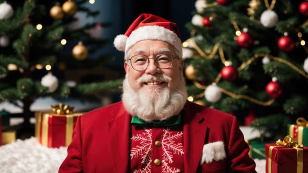 santa smiling in christmas with gifts and xmas tree, ai
