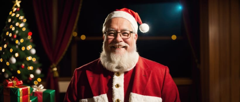 santa smiling in christmas with gifts and xmas tree, ai