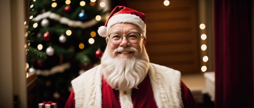 santa smiling in christmas with gifts and xmas tree, ai