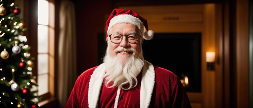 santa smiling in christmas with gifts and xmas tree, ai