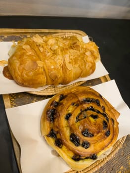 French breakfast with pastries at work from home, stock photo