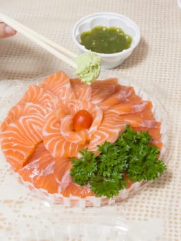 Fresh salmon sasimi set at home, stock photo