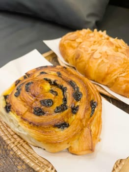 French breakfast with pastries at work from home, stock photo