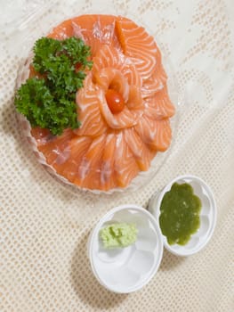 Fresh salmon sasimi set at home, stock photo