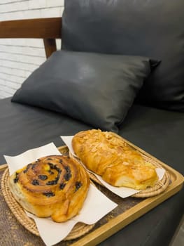 French breakfast with pastries at work from home, stock photo