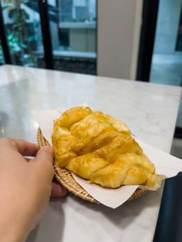 French breakfast with pastries at work from home, stock photo