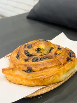 French breakfast with pastries at work from home, stock photo