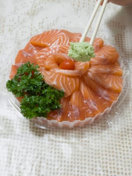 Fresh salmon sasimi set at home, stock photo