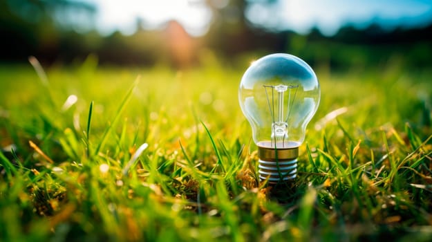 Ecology concept. Close-up lightbulb on a green grass with sunset and bokeh background. AI generated