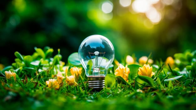 Concept creativity with light bulb on a grass field background. AI generated