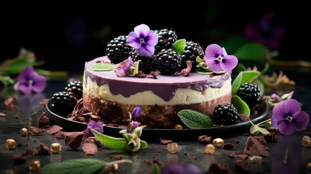 Delicious fresh blackberry cake with cream cheese on a dark background. AI generated