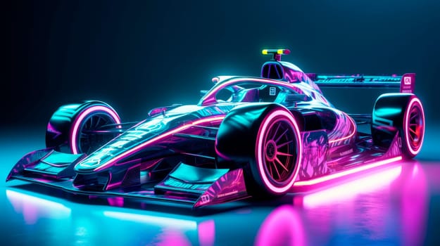 Sleek team motorsports racing car with neonic lighting. Fast racing sportscar on dark background.AI generated
