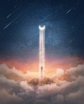 Surreal and mysterious scene with a person kidnapped by the moon. Alien abduction with human levitating in the light of the crescent