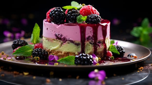 Delicious fresh blackberry and raspberry cake with cream cheese on a dark background. AI generated