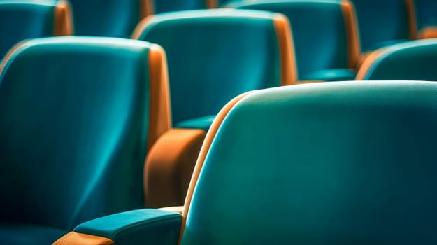 Close up image of empty blue theater, auditorium seats, chairs. AI generated