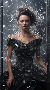 beautiful young woman in an evening dress among shards of glass.concept of emotional illustration of broken feelings .Generative AI