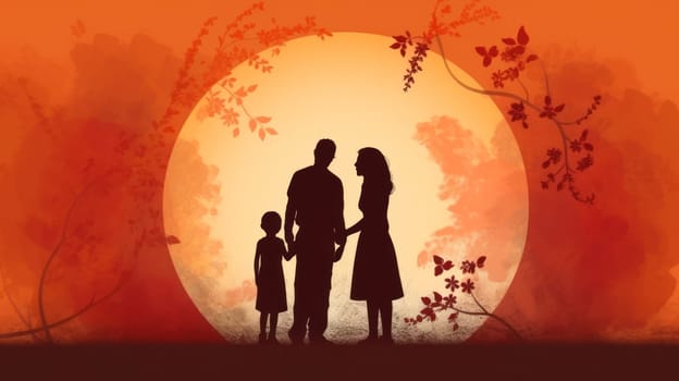 illustration with a family silhouette against a sunset background. concept of tense family relationships.Generative AI