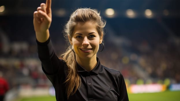 Professional football referee on the stadium field.Beautiful woman refereeing a football match.Generative AI