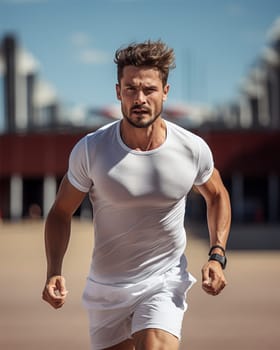 a young sports guy in a white T-shirt runs along the stadium treadmill.Generative AI
