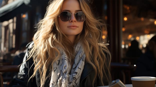 fashionable portrait of a young fashionable blonde woman in sunglasses at a table in a street European cafe.Generative AI