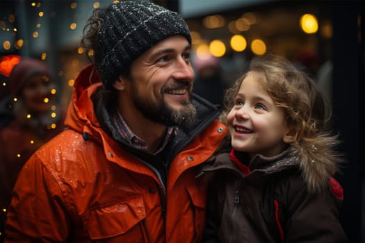 happy dad and daughter, family having fun at the Christmas market.Generative AI