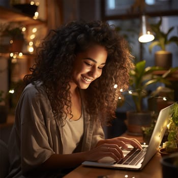 Young smiling woman with a laptop against the backdrop of festive illuminations. Social media technology and holidays concept.Generative AI