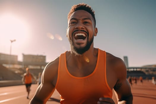 African American athlete in a orange T-shirt runs on a treadmill at the stadium. competition or training.Generative AI