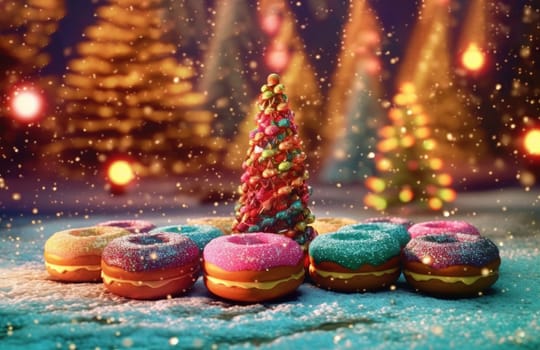 bright illustration of colorful donuts with filling and glaze. Christmas card with place for text.Generative AI