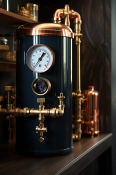 Boiler and expansion tank system, pressure gauge detail. Copper pipeline of the heating system in the technical room.Generative AI