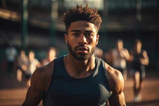 African American athlete in a black T-shirt runs on a treadmill at the stadium. competition or training.Generative AI
