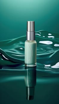 container for cosmetic products on a background of aquamarine colored water. Beauty blog, salon treatment concept, brand packaging in minimalist style.Generative AI