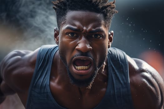 African American athlete in a black T-shirt runs on a treadmill at the stadium. competition or training.Generative AI