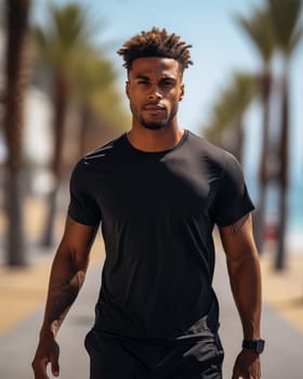 A handsome athletic guy in a black T-shirt running in the morning along the city beach along an alley with palm trees.Generative AI