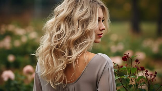 Close-up rear view of a blonde woman with a shiny wavy long hairstyle in front of a park.Generative AI