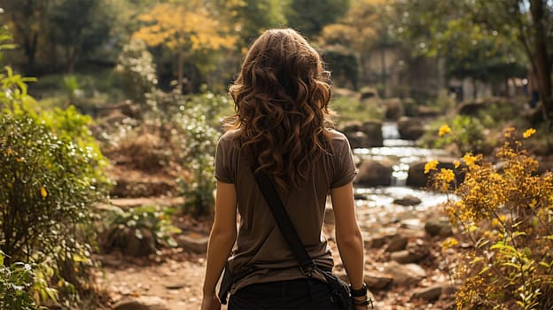 Close-up rear view of a brunette with a shiny wavy long hairstyle against the backdrop of a waterfall in a park.Generative AI